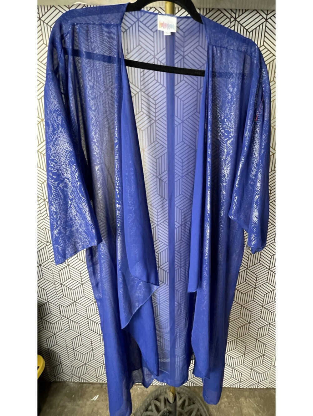 Lularoe Women's Shirley Kimono Coverup Blue Metallic Sheer Snake Skin Pattern L